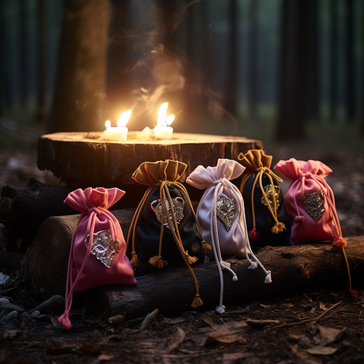 Fünf magische Säckchen auf einem Ast aufgereit, vorne liegt getrocknetes Laub, hinten ist ein Baumstam mit vier weissen Kerzen darauf, im Wald umgebe von Bäumen