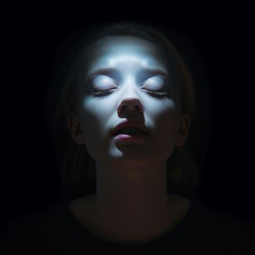 Portrait einer Frau mit blauem Licht auf ihrem Gesicht, sensibel und zerbrechlich, spirituell.