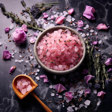 Eine schüssel mit rosa Himalaya Salz, umgeben von Lavendel und Rosenblüten auf schwarzem Marmor, daneben liegt ein Holzschäufelchen mit rosarotem Himalayasalz