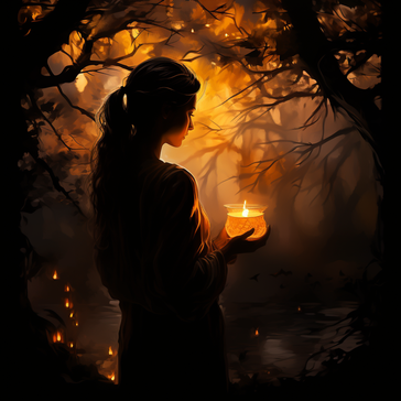 Frau hält eine Kerze in einer dunklen Nacht im Wald, im Stil von dunklem Bernstein und Bronze, digitale Fantasielandschaften, goldenes Licht, romantische figurative Werke