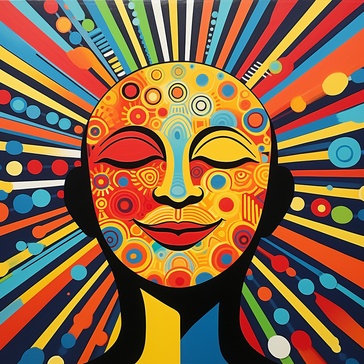 Illustration von einem lächelndend Gesicht mit geschlossenen Augen und ohne Haare, umgeben von einer explosion von Farbstrichen und kreisen, Vector Illustration, sehr farbenfroh und positiv