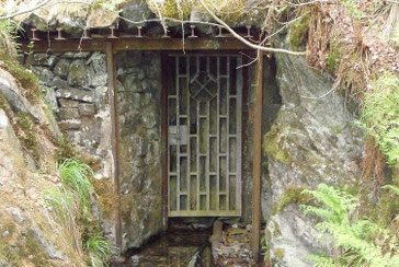 Ein eisernes Tor mit dem Bergbau-Symbol führt in einen Felshang hinein. Das Tor ist geschlossen. Der Weg dorthin steht unter Wasser, man erkennt eine alte Bahnschiene. Rechts und links steile Felsen mit Gras und Farn, die auch den Weg einfassen.
