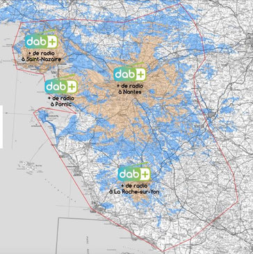 Carte prévisionnelle de la couverture du DAB+ au moment du démarrage à Nantes, Saint-Nazaire, Pornic, La-Roche-sur-Yon, GRAM 2019, dabplusfr
