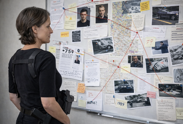 Iris wie eine Tatort-Kommissarin vor der typischen Informationswand