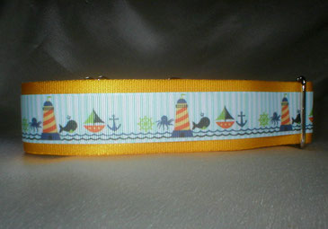 Halsband, Hund, Martingale 4cm breit, Gurtband sonnengelb, Borte See- und Strandmotive