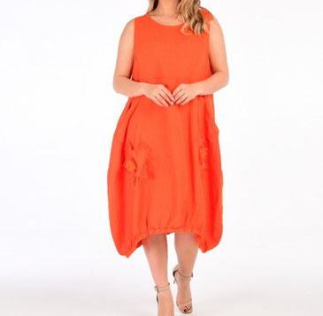 Ballon-Kleid orange mit Blüten Applikationen