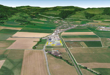 Vue aérienne du site du forage de Haute-Sorne et représentation de la future centrale géothermique