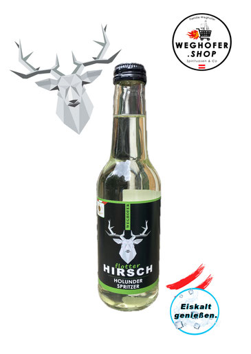 Hirsch Spritzer, Holunder Spritzer, flotter Hirsch,  Kaiser Spritzer, Weinspritzer in Flasche, 0,33 Liter Holunder Spritzer weiß Flasche, Weghofer Hirsch, Vösendorf, Holunder Spritzer, Spritzer weiss, Abholung, ab Hof Verkauf, Wien Süd, Party Getränk