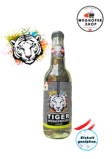 Spritzer weiß, Gspritzter, Tiger Spritzer, Weinspritzer in Flasche, 0,33 Liter Spritzer weiß Flasche, Weghofer Tiger Vösendorf, Holunder Spritzer, Spritzer weiss, Abholung, ab Hof Verkauf