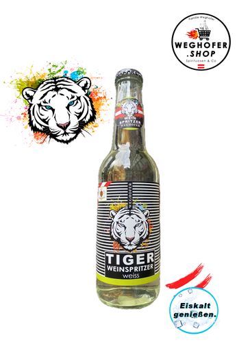 Spritzer weiß, Gspritzter, Tiger Spritzer, Weinspritzer in Flasche, 0,33 Liter Spritzer weiß Flasche, Weghofer Tiger Vösendorf, Holunder Spritzer, Spritzer weiss, Abholung, ab Hof Verkauf