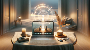Ein stilvoll eingerichtetes Zimmer mit warmen Lichtern, in dessen Zentrum ein Laptop auf einem Tisch steht, dessen Bildschirm eine Online-Energietherapiesitzung zeigt. Visuelle Effekte strahlen vom Laptop aus und symbolisieren die Übertragung heilender En
