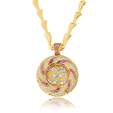 Amulett in Gelbgold mit Saphiren, Brillanten und Perlmutt, angefertigt auf Kundenwunsch von der Goldschmiede OBSESSION Zürich und Wetzikon