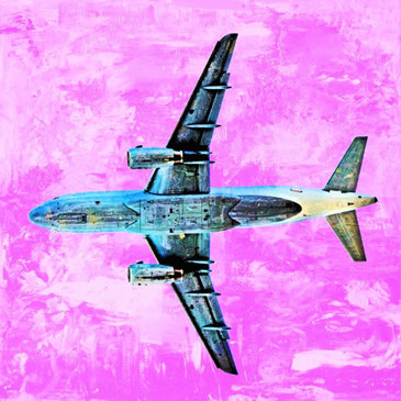 Zeitgenössischer Fine-Art-Print "Flieger Grüße die Sonne" in limitierter Edition von Divo Santino. Flugzeug vor pinkem Hintergrund als Sinnbild für Wert, Klarheit und künstlerische Begrenzung.