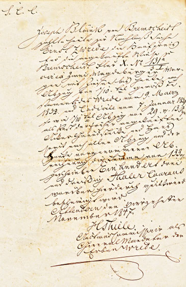 Quittierung des Herrn Thiele für die Erben des Ernst Wrede über die Zahlung der restl. Kaufpreissumme 133 Thaler durch Joseeph Blöink am 14.11.1847