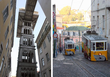Doppelbild: links alter schmiedeeiserner Fahrstuhl und rechts schmale, steile Straße mit gelb-weißen Trambahnen