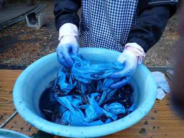 藍液から布を出すと空気酸化されて鮮やかな青に変わる