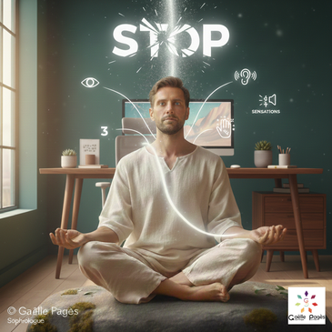 Exercice de sophrologie STOP mental au bureau – Homme pratiquant la pleine conscience les yeux ouverts devant son poste de travail au Pertuis, illustrant la gestion du stress et la concentration en Haute-Loire.
