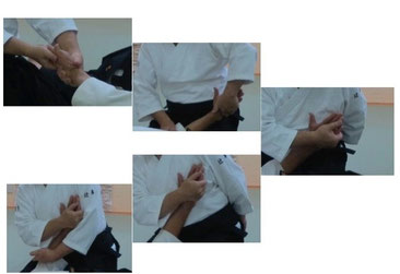 画像③振り子運動とともに受けの小指球を取りの同名側の手で包み替えて、手掌側を対側の胸に密着すると体軸を反対側（受けの頭側）へ傾ける。
