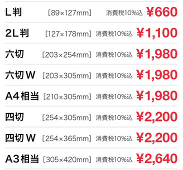 高品質印画紙プリント価格表（2019年10月現在）