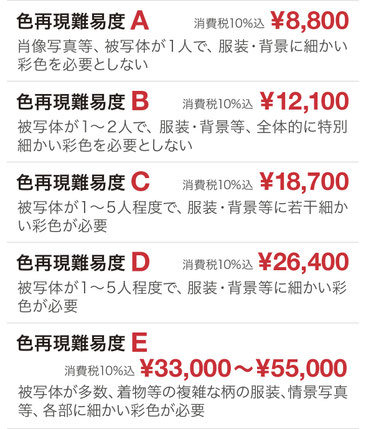 色再現（カラー化）作業料金表　難易度A 8800円〜難易度E 55000円