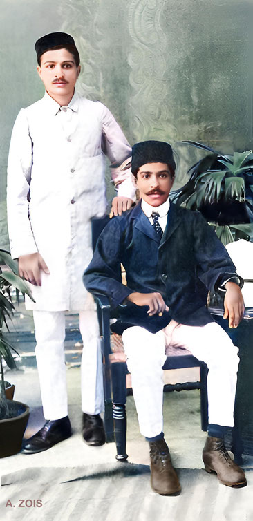  Merwan ( left ) with his older brother Jamshed in Poona in 1916. Image rendered by Anthony Zois.