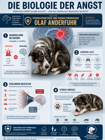 „Umfangreiche Infografik zum Thema ‚Die Biologie der Angst beim Hund‘ von Tierheilpraktiker und Verhaltensbiologe Olaf Anderfuhr. Die Grafik erklärt neurobiologische Prozesse wie den Daueralarm im Gehirn (Amygdala vs. Großhirn), die Cortisol-Ausschüttung,