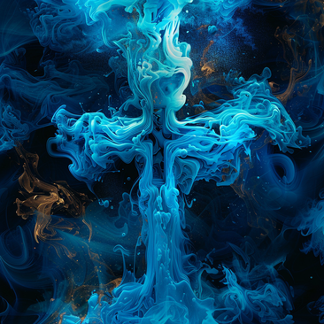Ein blaues Kreuz auf den Untergrund eines dunklen Beckens gefüllt mit Wasser mit schwarzem Hintergrund, im Stil von Vaporwave, religiös