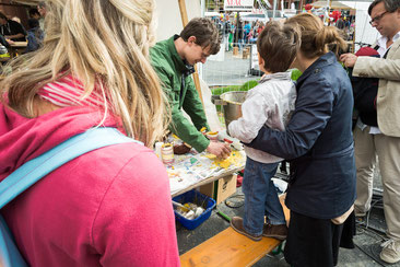 Auf dem Kindertagesfest auf dem Potsdamer Platz in Berlin boten wir Kindern und Besuchern die kostenlose Möglichkeit, eigene Honigbienenwachskerzen herzustellen.