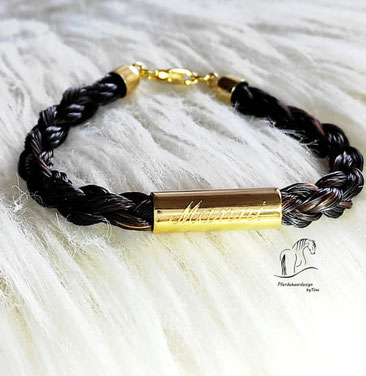 Pferdehaarschmuck-Armband-Modell G03-rund geflochten mit Hülse und einem Hebeldruckverschluss-inklusive Gravur-Gold