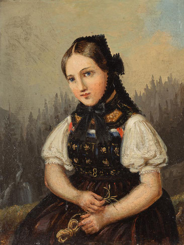 Johann Baptist Laule, Ölstudie einer strochflechtenden jungen Frau in schwarzwälder Tracht