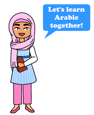 A hijabi girl says "Let's learn Arabic together!" in a speech bubble