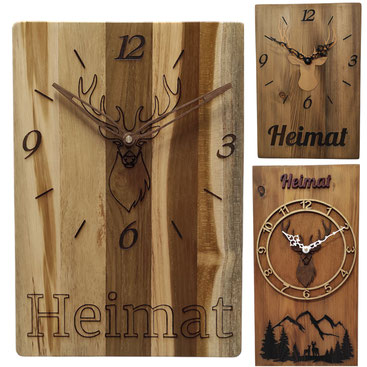 Handgefertigte Wand- oder Tischuhr aus Holz im Schwarzwald-Heimatstil mit Hirschmotiv – ein liebevoll gestaltetes Unikat von Jvi handmade, dem Onlineshop für handgemachte Uhren, Kleinmöbel und Dekoration aus Holz