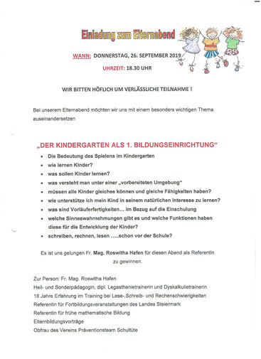 Einladung zum Vortrag" Lesen Rechnen und Schreiben lernen, bitte ohne Schwierigkeiten" im Heilpädagogischen Kindergarten Deutschlandsberg am 26.09.2019.
