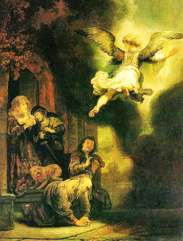 Musée du Louvre - Rembrandt - L'envol de l'Ange - 1637 - On remarque la présence du chien sur le dos de Tobit le père