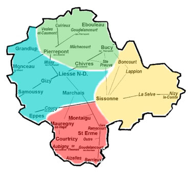 Carte de la paroisse de Liesse Notre Dame Aizelles, Aubigny-en-Laonnois, Berrieux, Boncourt, Bucy-lès-Pierrepont, Chivres-en-Laonnois, Coucy-les-Eppes, Courtrizy-et-Fussigny, Cuirieux, Ebouleau, Eppes, Gizy, Goudelancourt-lès-Berrieux, Goudelancourt-lès-P