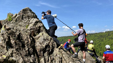 EB Team mit Drohne, Großformatkamera, Gimbal