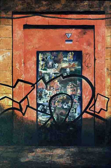 Huellas-1 (Muro naranja) 2002, óleo sobre madera 91.5X60 cm
