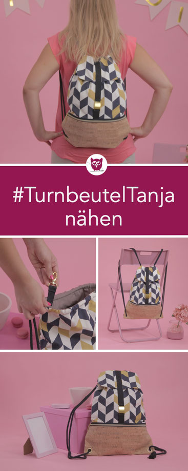 #TurnbeutelTanja aus dem #DIYeuleBuch nähen: Ein Turnbeutel mit Klappe, aus Canvas und Kork mit Außenfach, Geheimfach und Schlüsselanhänger. Nähanleitung von DIY Eule.