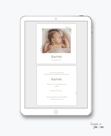 faire-part naissance garçon -numérique-faire part électronique-faire part digital-pdf numérique-faire part connect-à imprimer-faire-part à envoyer par sms-mms-par mail-réseaux sociaux-whatsapp-facebook- polaroid avec photo et brin de sauge -brin d'olivier