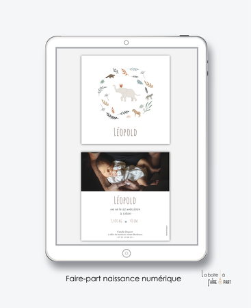 faire-part naissance garçon -numérique-faire part électronique-faire part digital-pdf numérique-faire part connect-à imprimer-faire-part à envoyer par sms-mms-par mail-réseaux sociaux-whatsapp-facebook- elephant-feuille-roi-couronne-végétal-zebre-renard