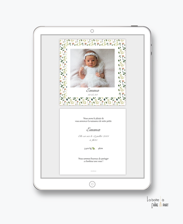 faire-part naissance fille-numérique-faire part électronique-faire part digital-pdf numérique-faire part connect-à imprimer-faire-part à envoyer par sms-mms-par mail-réseaux sociaux-whatsapp-facebook-liberty-fleurs colorées-polaroid-photo