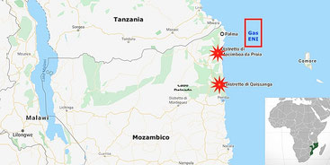 Mappa di Cabo Delgado che indica gli scontri tra Forze armate mozambicane e jihadisti