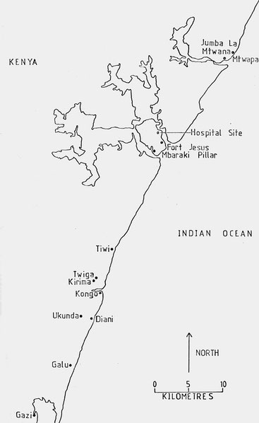 Mappa della costa lungo le contee di Kwale e Mombasa