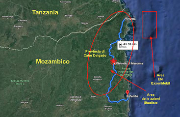 Mappa dell’agguato jihadista nel distretto di Macomia, a Cabo Delgado