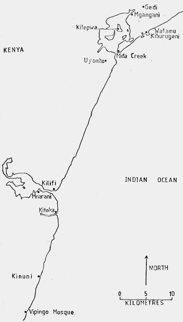 Mappa della costa inferiore lungo le contee di Kilifi