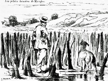 Der Pfahlbau von Mörigen bei der 1. Juragewässerkorrektion, skizziert von Maler Auguste Bachelin, 1877.