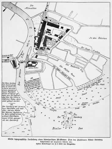 Schlatters Plan des Pfahlbaus Nidau Steinberg, 1811, mit späteren Anmerkungen von Fr. L. Haller. Repr. aus die Pfahlbauten des Bielers von Th. Ischer, Biel, 1928.