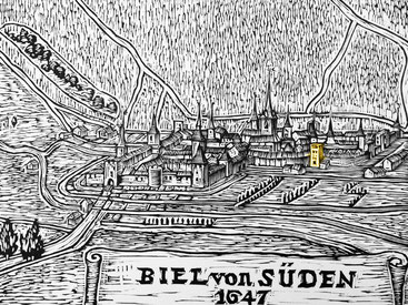 Gravure sur bois de l'artiste-peintre A. Bütschi, Bienne. Reproduction de Biel-Bienne, Ein Stadtbuch, Basel, 1936.