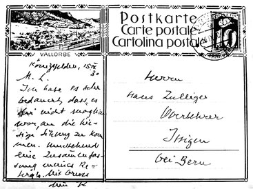 Dr. med. Arthur Kielholz kann an der Sitzung nicht teilnehmen. Postkarte aus der Sammlung Blum-Zulliger Stiftung, Freud-Zentrum, Bern.