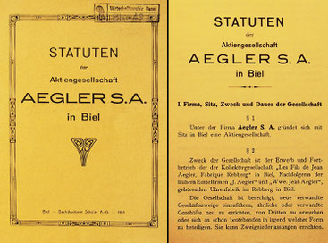 Statuten der Firma "Aegler S. A." vom 15 September 1913. Sammlung Schweizerisches Wirtschaftsarchiv der Universität Basel.